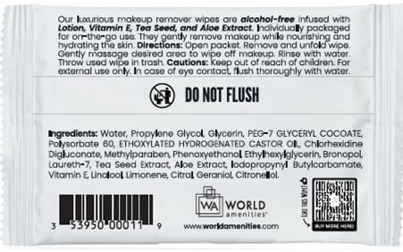 Bulk Makeup Remover Wipes | 50 Count | Individually Wrapped, Gentle Cleansing, Alcohol Free - All Skin Types - Vitamin E - 100% Recyclable, Hotel Travel Size Toiletries