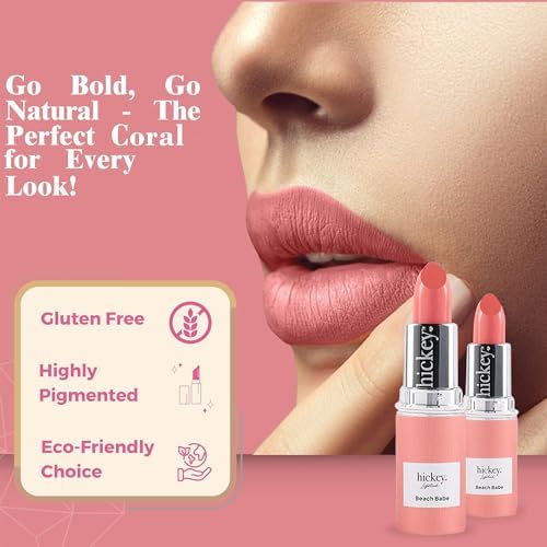 Hickey Lipstick for Women, Organic Beach Babe Coral Lipstick Refill - Hydrating & Moisturizing Long Lasting Lipstick - Vegan & Gluten-Free with Velvet Finish - Highly Pigmented, Smooth & Creamy Makeup