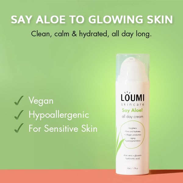 LOUMI Skincare Say Aloe All-Day Face Cream | Hydrating Aloe Vera & Hyaluronic Acid Moisturizer | Nourishes, Soothes & Softens Dry Skin | Natural, Vegan & Cruelty-Free | 1oz