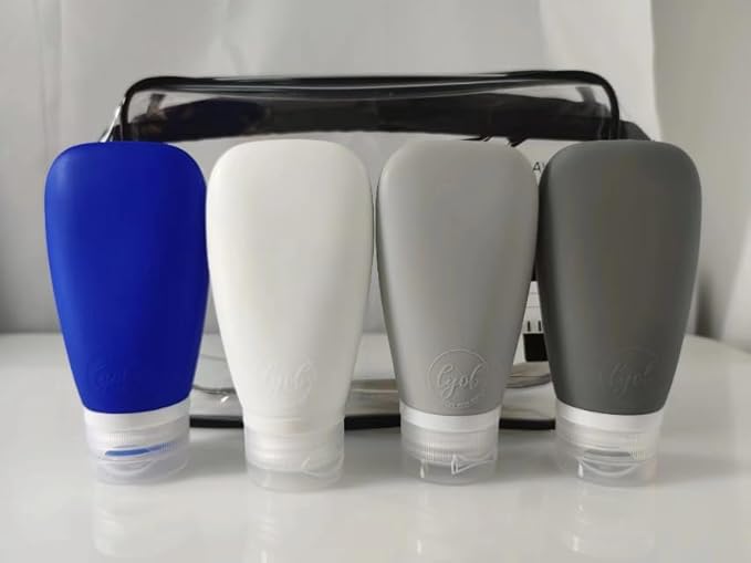 Travel Bottles for Toiletries, TSA Approved 3oz Leak Proof Silicone Refillable Squeeze Travel Size Containers BPA Free for Cleansers, Lotions, Shampoo, Conditioner 4pk With Bag(W,G,Blk,Bl)