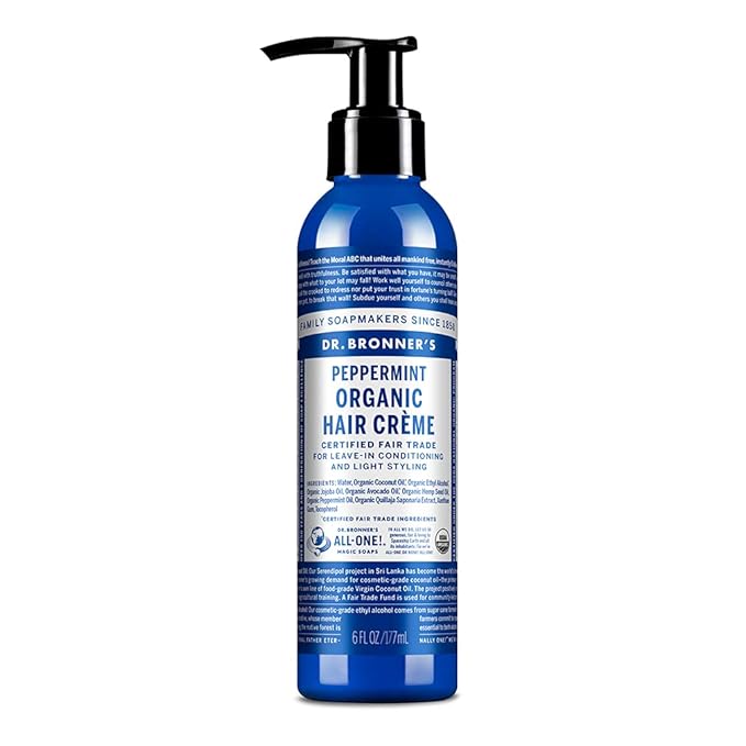 Dr. Bronner's - Organic Hair Crème (Peppermint, 6 Ounce) - Leave-In Conditioner and Styling Cream, Made with Organic Oils, Hair Cream Supports Shine and Strength, Nourishes Scalp, Non-GMO