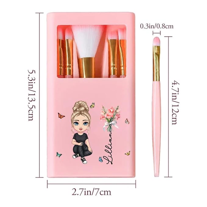 CALLIE Personalized Travel Makeup Brushes Set with Mirror | 5 Pcs | Custom Birth Flower and Name | Birthday Christmas Bridal Shower Gift for Women (Birth Flower Bouquet Name Cartoon)