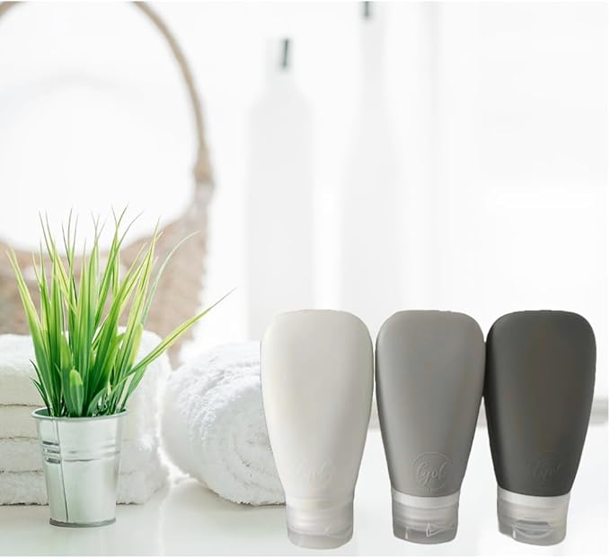 Travel Bottles for Toiletries, TSA Approved 3oz Leak Proof Silicone Refillable Squeeze Travel Size Containers BPA Free for Cleansers, Lotions, Shampoo 3-pk (Black-Gray-White)