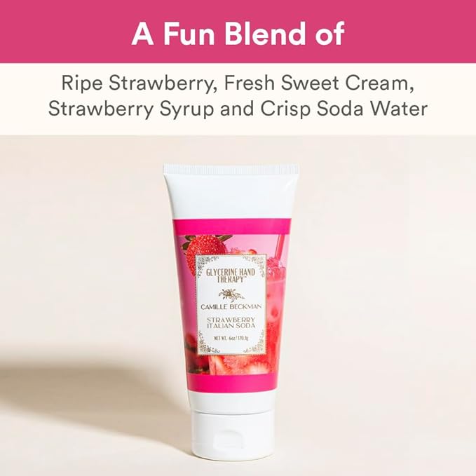 Camille Beckman Glycerine Hand Therapy Cream, Strawberry Italian Soda, Ultra Moisturizing Hand Cream for Dry, Cracked Hands, Non-Greasy, Paraben-Free, Made in USA, 6 Ounce