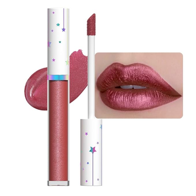 evpct 1Pcs Mauve Red Metallic Glitter iridescent Liquid Lipstick for Women Long Lasting Waterproof 24, Maroon Red frosted Metallic Glitter Shimmer Chrome Glossy Lipsticks Lip Gloss Stains Makeup Set