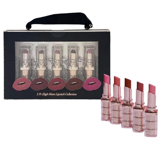 Paris Hilton High-Shine Lipstick Collection - Lip Makeup with Pink & Red - Glossy All Day Wear Creamy Lipstick - Lightweight, Long Lasting, Waterproof,Smudge Proof Lip Color for Women - 5 pcs Gift Set
