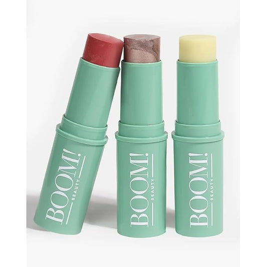 Boomstick Trio ยฎ Rose Nude 3 Pack Cream Blush Makeup - Rose Nude Blush Stick, Highlighter Stick & Moisturizer for Cheeks, Eyes & Lips - Boom Sticks by Cindy Joseph for Older Women