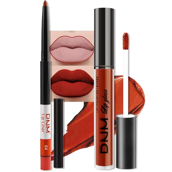 AMY'S DIARY 2Pcs Brick Red Matte Lip Liner and Lipstick Makeup Set, Warm Red Lip Stain Lip Gloss Matt Liquid Lipstick 24H Long Lasting lapiz labiales mate 24 horas originales larga duracion (64#)