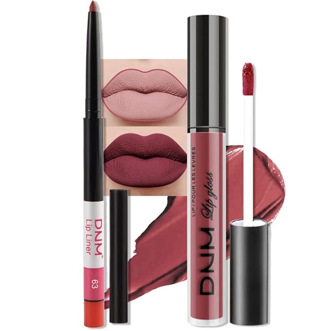 2Pcs Mauve Rose Matte Lip Liner and Lipstick Makeup Set, Mate Dusty Rose Lip Stain Lip Gloss Matt Liquid Lipstick 24H Long Lasting lapiz labiales mate 24 horas originales larga duracion (63#)