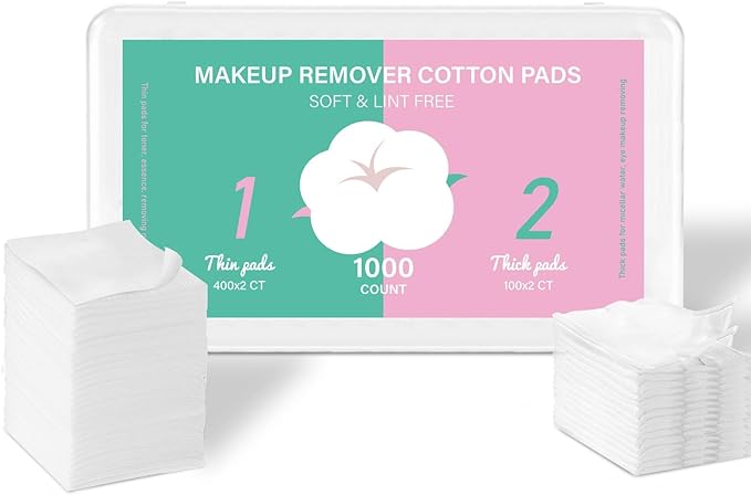 Square Cotton Pads for Face (1000 Count) - 100% Pure Cotton, Soft Lint-Free Makeup Remover Pads for Facial and Eye Use, Double-Sided Design to Save Water, Hypoallergenic (200 Thick & 800 Ultra-Thin)