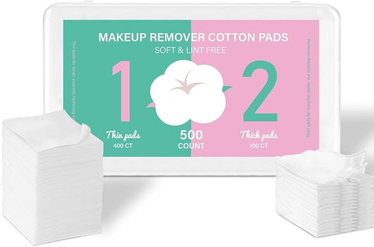Square Cotton Pads for Face (500 Count) - 100% Pure Cotton, Soft Lint-Free Makeup Remover Pads for Facial and Eye Use, Double-Sided Design to Save Water, Hypoallergenic (100 Thick & 400 Ultra-Thin)
