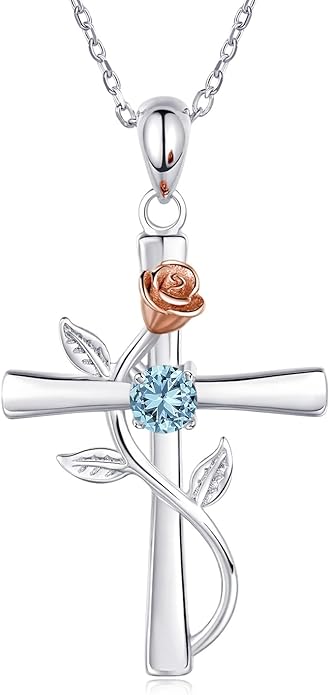 Cross Necklace for Women, 925 Sterling Silver Birthstone Necklace for Women with Rose Flower Birthstone Womens Jewelry Birthday Gifts for Wife Women