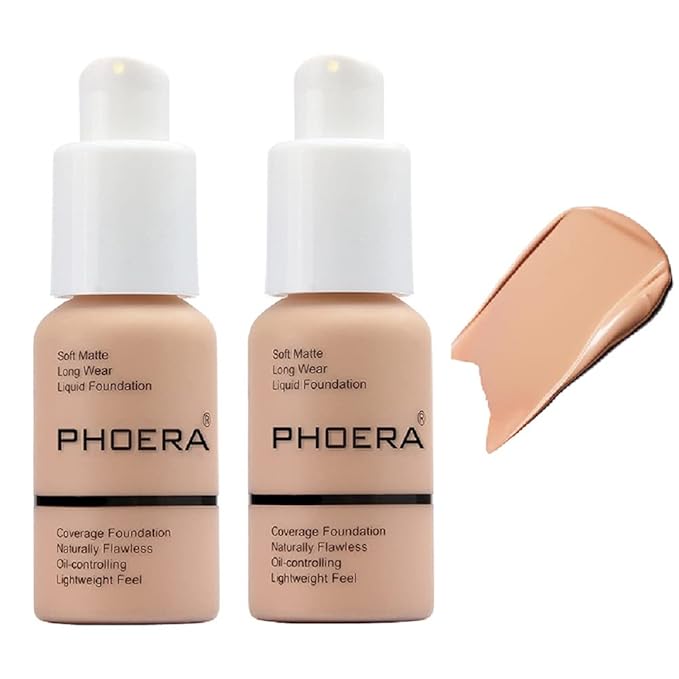 2 Pack PHOERA Foundation,Full Coverage Foundation,Concealer Foundation Full Coverage Flawless New 30ml PHOERA 24HR Matte Oil Control Concealer(103 Warm peach)