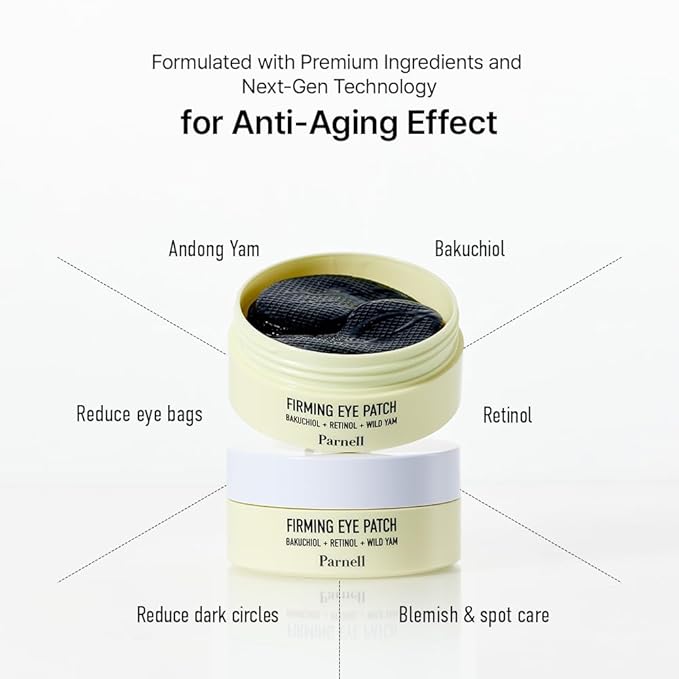 Parnell Bakuchiol Retinol Wild Yam Eye Patch (60ct) | Hydrogel Patches for Wrinkles, Dark Circles & Firming | Cica HA Niacinamide K-Beauty