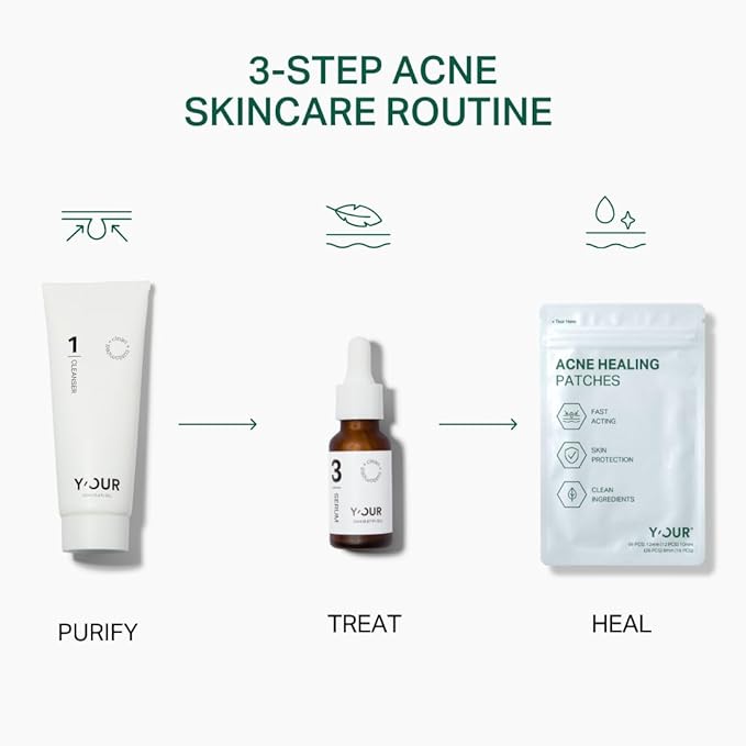 Y’OUR Essential 3-Step Acne Kit: Purifying Cleanser, Anti-Acne Serum & Healing Patches; Pimple Clearing, Pore Minimizing Skincare Routine. Made in USA. Suitable for All Skin Types