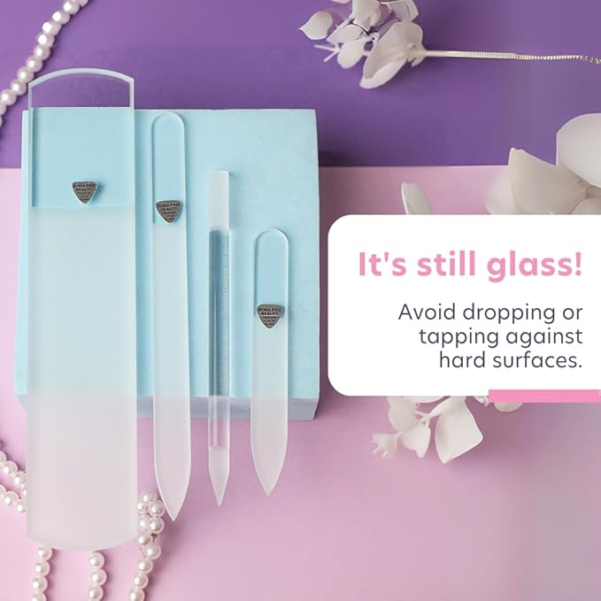 Bona Fide Beauty Nail Kit: Handmade from Czech Glass, Perfect Gift for Teenage Girl, 4PC Gift Set in Clear Color - Foot File, Traveil Nail File, Glass File, 1 Cuticle Pusher