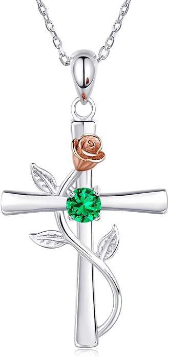 Cross Necklace for Women, 925 Sterling Silver Birthstone Necklace for Women with Rose Flower Birthstone Womens Jewelry Birthday Gifts for Wife Women
