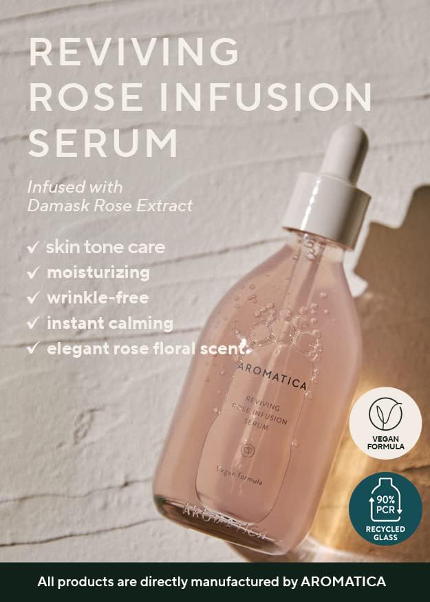 AROMATICA Reviving Rose Infusion Serum, Vegan, Vitality, Rejuvenating Hydration Serum for Dry Skin | with Damask Rose Water and Oil (3.38oz / 100ml)