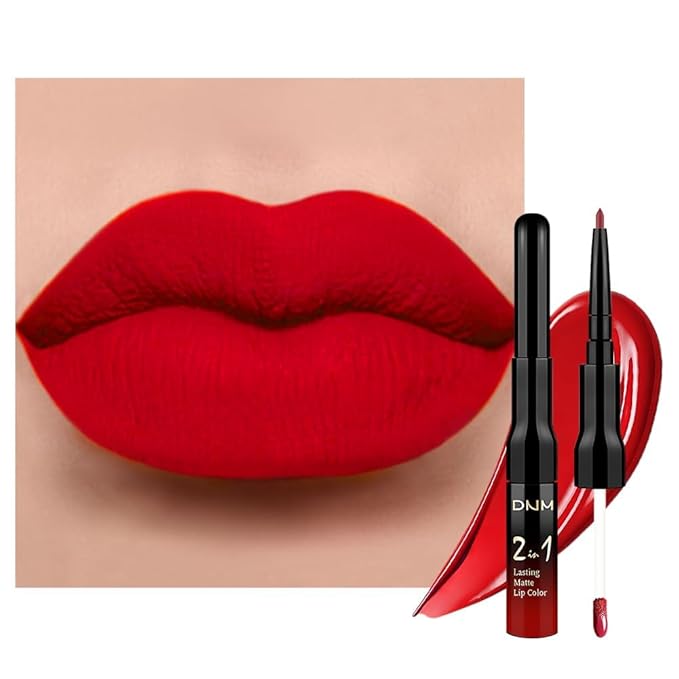 1Pcs 2 in 1 Bright Red Matte Lip Liner and Liquid Lipstick Stain Makeup Set for women, Red Long Lasting Smudge Proof Lip Tint Matte Finish Lip Gloss for All-Day Color Hold Easy to Use 13#