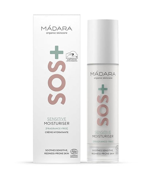 MรDARA Organic Skincare | SOS+ SENSITIVE Moisturiser, 50ml โ Lightweight sensitive skin moisturiser for redness-prone and reactive complexions, With hyaluronic acid and red algae, Fragrance-free.