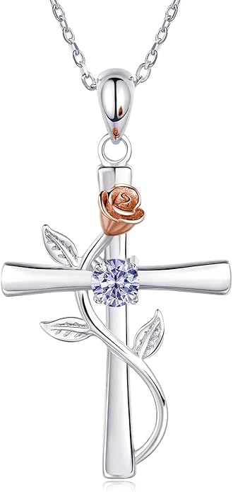 Cross Necklace for Women, 925 Sterling Silver Birthstone Necklace for Women with Rose Flower Birthstone Womens Jewelry Birthday Gifts for Wife Women