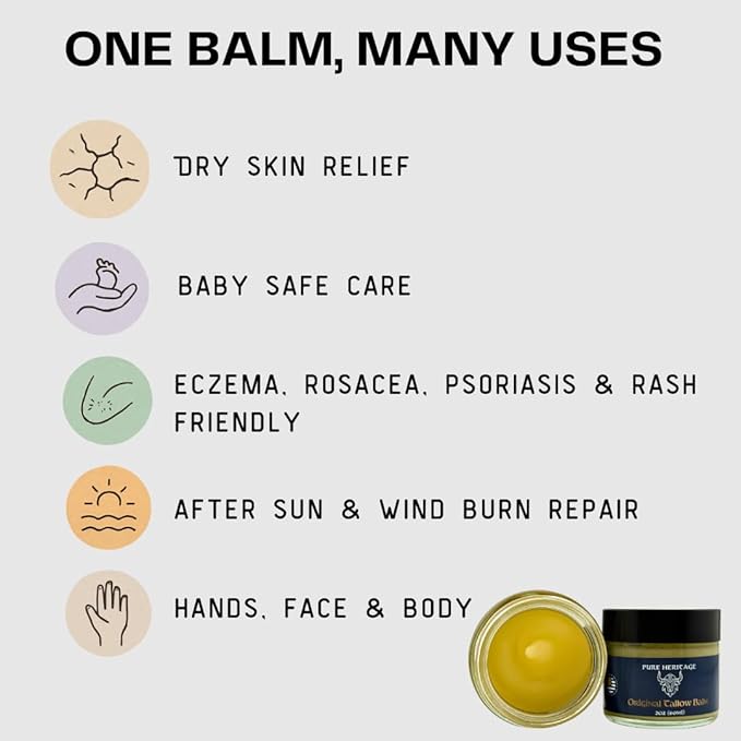 Pure Heritage Handmade Tallow Balm – Grass-Fed & Finished Moisturizer & Healing Cream with Frankincense & Cedarwood | Natural Care for Sensitive Skin, Eczema, Rosacea, Babies, Men & Women (4oz)