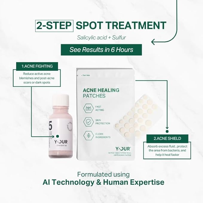 Y’OUR Essential Acne Treatment Duo: Spot Treatment & Healing Patches; Pimple Clearing, Pore Minimizing Skincare. Made in USA. Basic Routine for All Skin Types