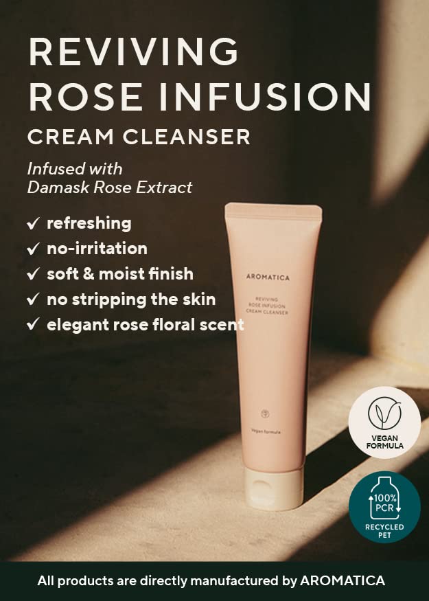 AROMATICA Reviving Rose Infusion Cream Cleanser 5.11oz /145g Double Cleanser, Hydrating Foaming cleanser for dry skin with Damask Rose Water and Rose Oil | Vegan, Cruelty Free