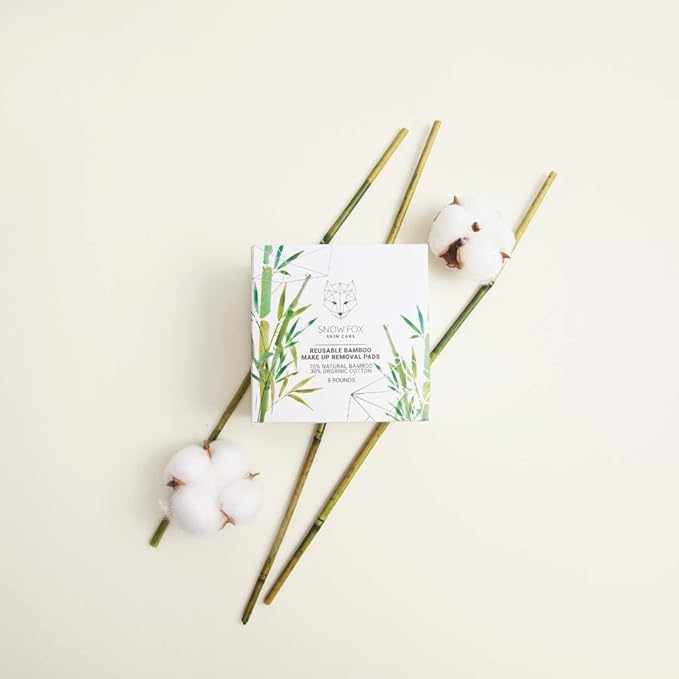 Snow Fox Skin Care Reusable Bamboo Makeup Removal Pads – 8 Organic Cotton Rounds with Mesh Bag – Washable Facial Pads with Soft Double-Layer Terry Texture