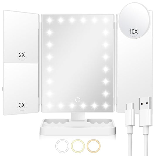 HUONUL Rechargeable Makeup Mirror with 3 Color Lights, 2000mAh Lighted Makeup Mirror, Magnetic 10X Magnifying Mirror, 360 Degree Rotation, Portable Vanity Mirror, Women Gift (Magnetic 10X-White)