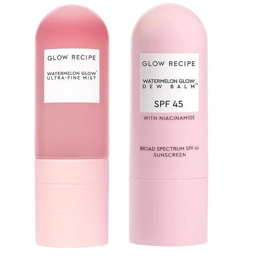 Glow Recipe Beach Bag Essentials Beauty Kit - SPF Dew Balm Sunscreen Stick (0.58 oz) + Ultra Fine Watermelon Setting Mist Facial Spray (2.5 oz) - Protect from UVA Rays & Prep Makeup Routine