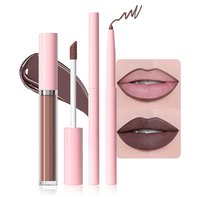 AMY'S DIARY 2pcs Matte Dark Red Lip Liner & Lipstick Makeup Set, Liquid Lipstick 24H and Lip Liner Set Matt Liquid Lips Make Up Waterproof Long Lasting (05#, 2 Pcs Set)
