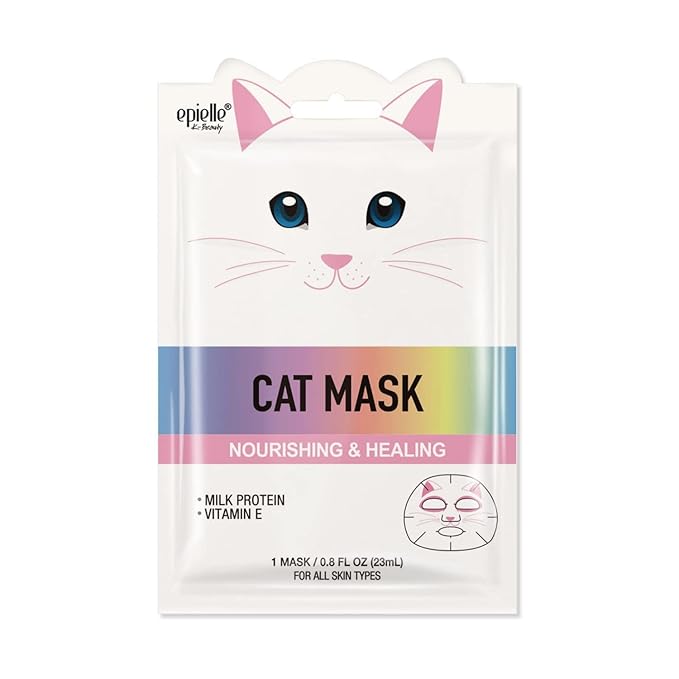 Epielle Animal Character Sheet Masks Cat 6 Pack, Nourishing Face Mask Skincare Set with Milk Protein & Vitamin E, Girls Spa Party Favors, Sleepover, Self Care Gifts for Women, Korean Skin Care