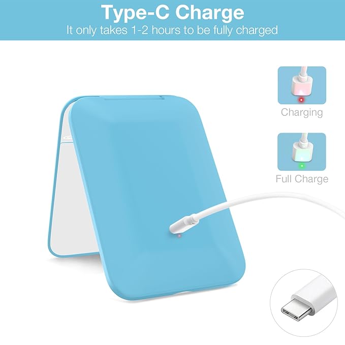 Kintion Rechargeable Pocket Mirror, Double Sided 1X/3X Magnification Compact Vanity Mirror, 3 Color Lights, Dimmable, Small Portable Wallet Mirror, Lighted Travel Mirror for Women Gifts, Blue