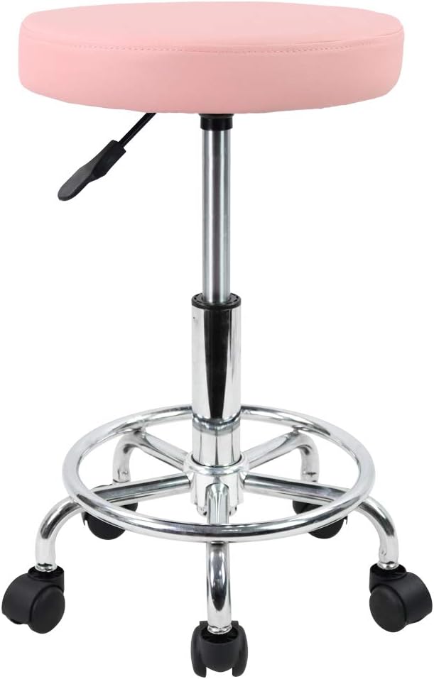 KKTONER PU Leather Round Rolling Stool with Foot Rest Swivel Height Adjustment Spa Drafting Salon Tattoo Work Office Massage Stools Task Chair Cushion 14 inches(Pink)