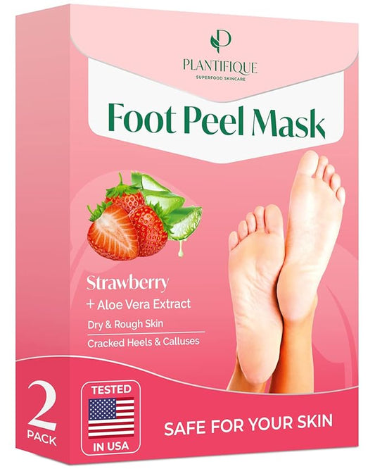 PLANTIFIQUE Foot Peeling Mask 2 Pack | Dermatologically Tested Repairs Heels & Removes Dry Dead Skin for Baby Soft Feet | Exfoliating Foot Peel Mask for Dry Cracked Feet | Strawberry