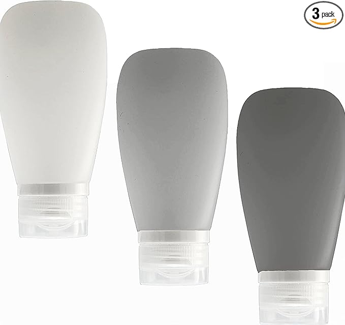 Travel Bottles for Toiletries, TSA Approved 3oz Leak Proof Silicone Refillable Squeeze Travel Size Containers BPA Free for Cleansers, Lotions, Shampoo 3-pk (Black-Gray-White)