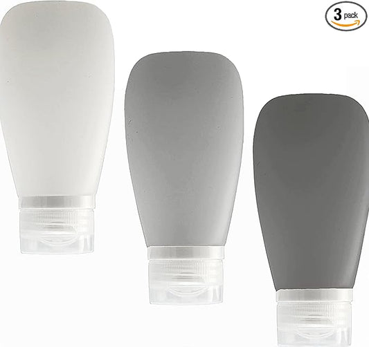 Travel Bottles for Toiletries, TSA Approved 3oz Leak Proof Silicone Refillable Squeeze Travel Size Containers BPA Free for Cleansers, Lotions, Shampoo 3-pk (Black-Gray-White)