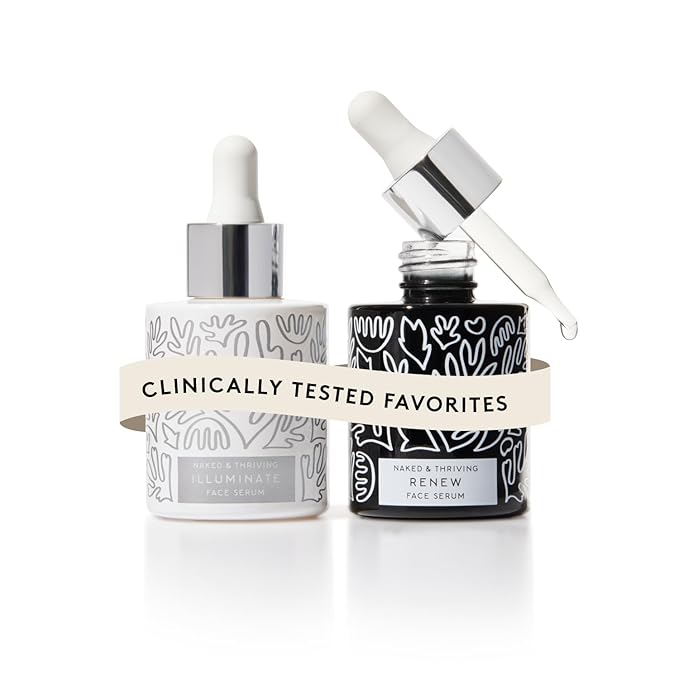 Naked & Thriving Wrinkle-Fighter Set, Includes Renew Resurfacing Night Serum (30 mL) & Illuminate C+ Serum (30 mL), Clinical Results, Dermatologist Loved, Hylauronic Acid & Bakuchiol (Set of 2)