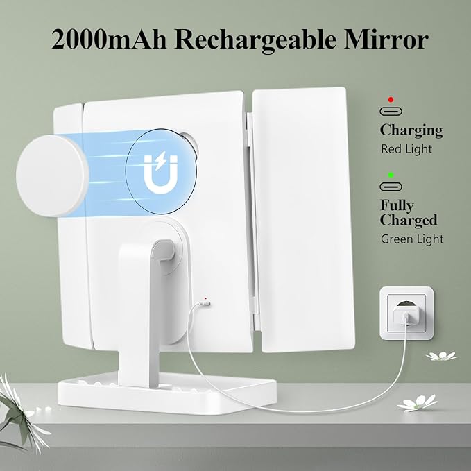 HUONUL Rechargeable Makeup Mirror with 3 Color Lights, 2000mAh Lighted Makeup Mirror, Magnetic 10X Magnifying Mirror, 360 Degree Rotation, Portable Vanity Mirror, Women Gift (Magnetic 10X-White)