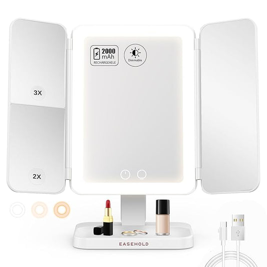 EASEHOLD Lighted Makeup Mirror with 3X Magnification, 3 Color Lights & Touch Sensor - Rechargeable Trifold Vanity Mirror for Travel, Desk, Home Use