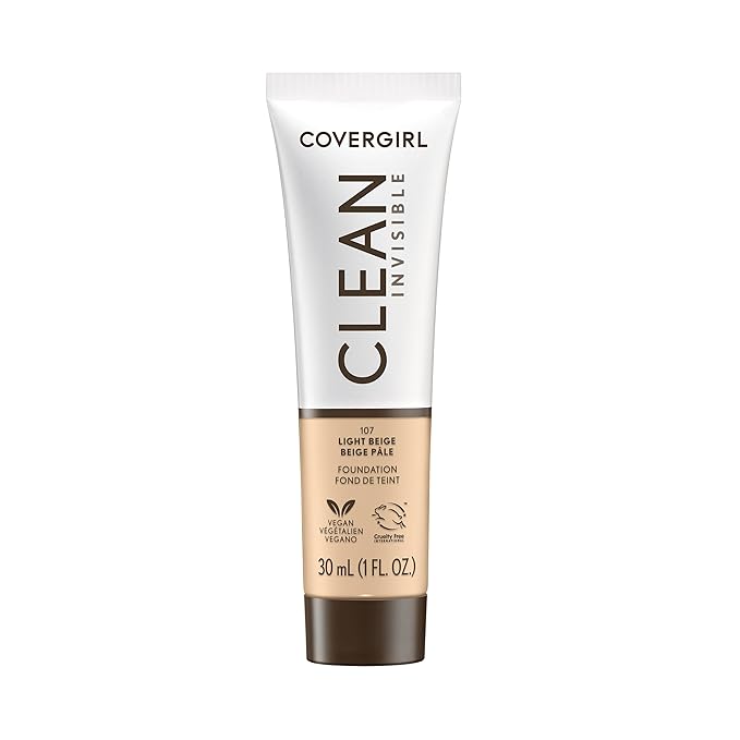 COVERGIRL Clean Invisible Foundation Makeup, Dewy & Glowy Natural Finish, Buildable Coverage, Skin-Like Smooth Look, Vegan, Light Beige, 1oz