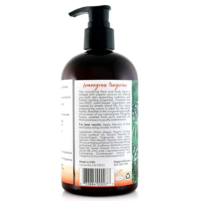 Coco Fiji Face & Body Lotion Infused With Coconut Oil | Lotion for Dry Skin | Moisturizer Face Cream & Massage Lotion for Women & Men | Lemongrass Tangerine 12 oz, Pack of 1