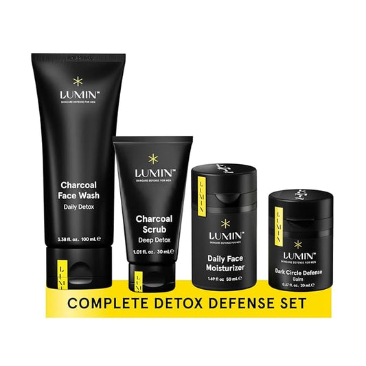 Lumin - Class Act Bundle - Men's Skincare Kit, Includes: Charcoal Face Wash Daily Detox, Charcoal Scrub Deep Detox, Daily Face Moisturizer & Dark Circle Defense Balm, Suitable For All Skin Types