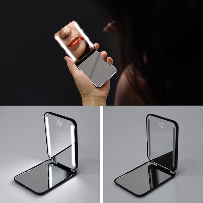 Kintion Rechargeable Pocket Mirror, Double Sided 1X/3X Magnification Compact Vanity Mirror, 3 Color Lights, Dimmable, Small Portable Wallet Mirror, Lighted Travel Mirror for Women Gifts, Black