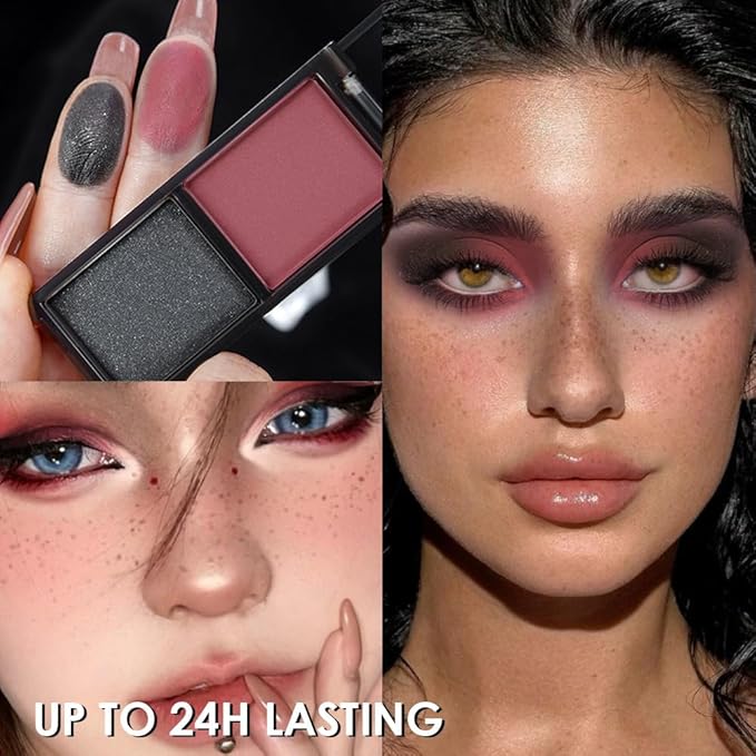 Wine Red Black Two Color Matte Shimmer Eyeshadow,Bright Eye Shadow Powder,Professional Long-Lasting Waterproof Makeup Palette,Easy-To-Apply and Compact for Travel
