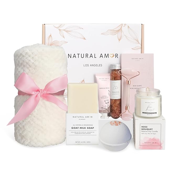 Natural Amor Spa Gift Set with Blanket 7 PCs– Handmade Bath & Body Self-Care Box – Includes Bath Bomb, Candle, Soap, Hand Cream – Perfect for Relaxation & Gifting