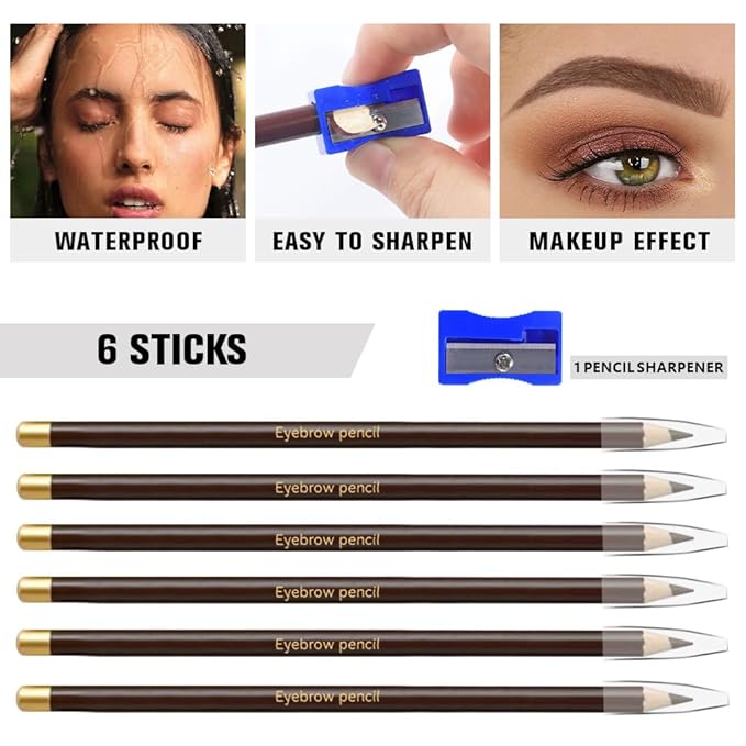 6Pcs Dark Brown Eyebrow Pencils for Women,Wooden Hard-Core Eyebrow Eyeliner Pencil,Sharpener Included,Long Lasting Waterproof Sweat-proof Create a Natural Eye Brow Makeup,Beginner Brow Pencil