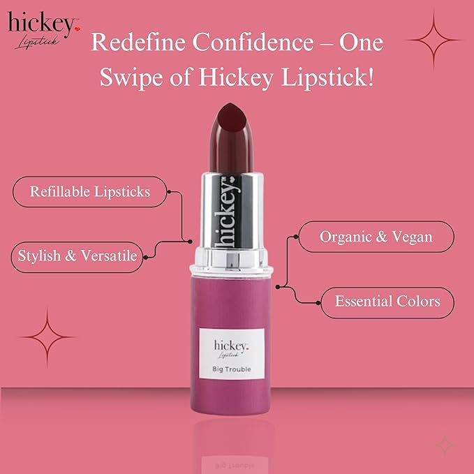Hickey Lipstick Big Trouble Berry Wine Lipstick Refill - Hydrating & Moisturizing Shade, Lip Color for Women, Berry Lipstick Long Lasting, Gluten-Free & Vegan with Highly Pigmented