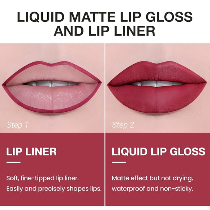 AMY'S DIARY 2pcs Matte Red Lip Liner & Lipstick Makeup Set, Liquid Lipstick 24H and Lip Liner Set Matt Liquid Lips Make Up Waterproof Long Lasting (07#, 2 Pcs Set)
